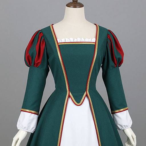 Photograph of a Victorian-style mannequin dress in dark green with red puffed sleeves, white bodice, and gold trim, set against a