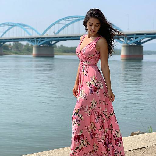 Photograph of a young woman with long black hair in a pink floral dress standing by a river with a blue arched bridge in the background. Sunny
