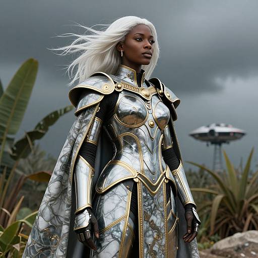 Photorealistic CGI of a strong Black woman with white hair, wearing shiny silver and gold armor, standing in a cloudy, tropical landscape with a distant