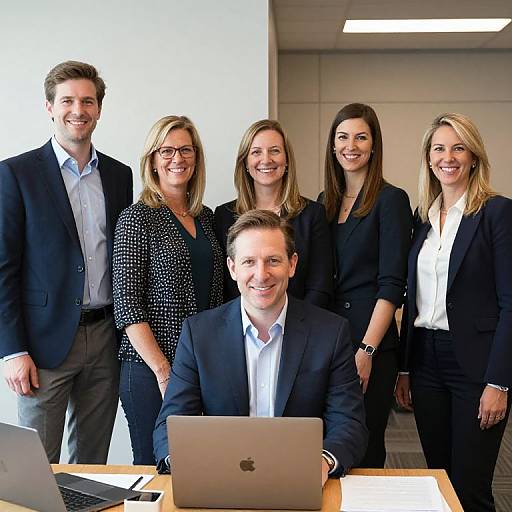 Photograph of six smiling professionals in a modern office; five women and one man, all in business attire, standing behind a seated male in a black