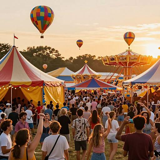 Photograph of a bustling outdoor balloon festival at sunset, with colorful hot air balloons, striped tents, and a crowd of diverse, casually dressed people taking