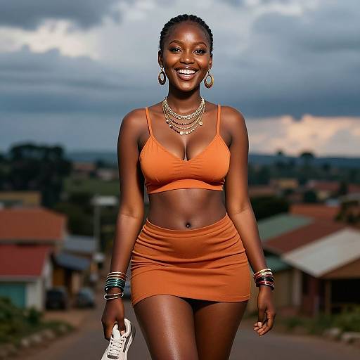 Photograph of a smiling, dark-skinned woman in an orange crop top and skirt, accessorized with jewelry and bracelets, holding a white bag,