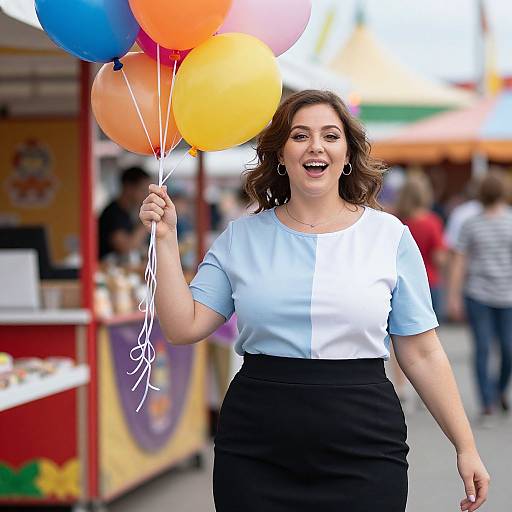Photograph of a smiling, medium-build woman with curly brown hair, wearing a white top and black skirt, holding colorful balloons at an outdoor market.
