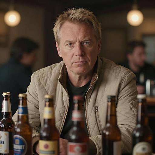 Somber Man in Quilted Jacket at Bar