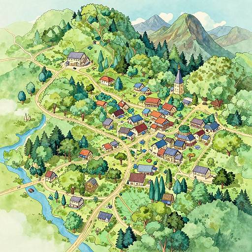 Colorful, detailed digital illustration of a quaint village nestled in lush green hills, surrounded by a winding river and dense forest, with red-roofed