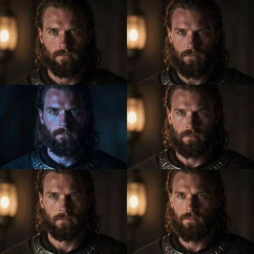 Photographic collage of six dark, dramatic close-ups of a bearded man with long hair, blue eyes, and armored clothing, illuminated by soft,