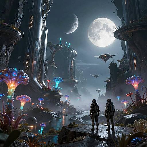 Cyberpunk moonlit cityscape with glowing mushrooms, futuristic towers, two silhouetted figures, spacecraft, and a large, bright full moon