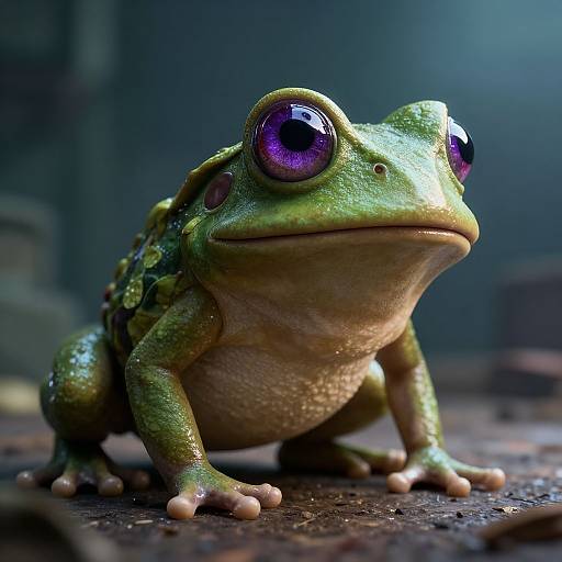 Photorealistic CGI frog with large, shiny purple eyes and green, textured skin crouching on a dark, metallic surface.