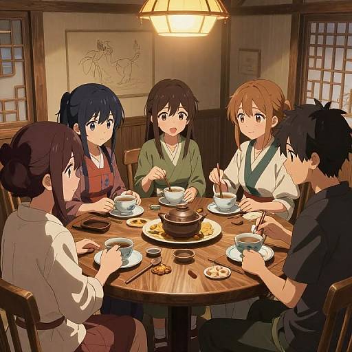 Anime-style illustration of five teenagers, three girls and two boys, sitting around a wooden table having tea and snacks in a traditional Japanese room. Warm lighting