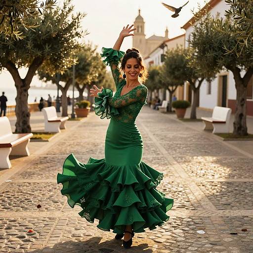 Photograph of a joyful woman in a green, ruffled, long-sleeve dress, dancing on a sunlit, cobblestone street with