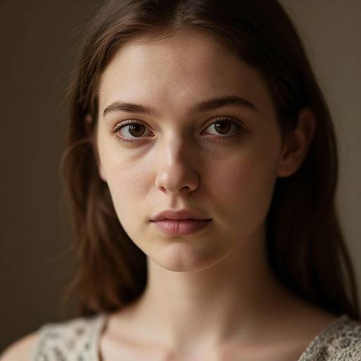 Photograph of a young woman with fair skin, brown eyes, and long brown hair, wearing a gray lace top, softly lit from the left.