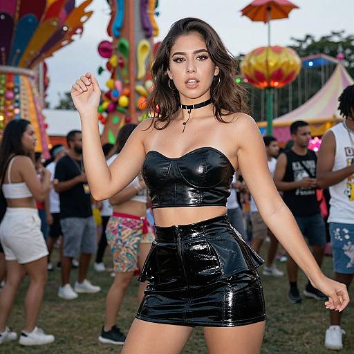 Photograph of a young woman with medium skin tone, dark wavy hair, wearing a black shiny leather strapless top and skirt, choker necklace