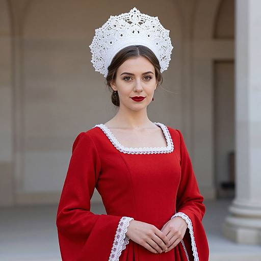 Photograph of a fair-skinned woman with dark hair, wearing a red Renaissance-style dress with white lace trim, and a white lace headdress,