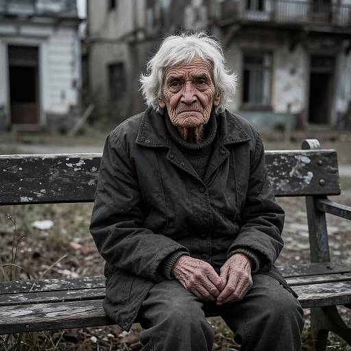 Photograph of an elderly, white-haired man with wrinkled skin, wearing a dark coat and pants, sitting on a weathered wooden bench in a