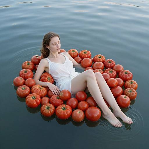 Photograph of a fair-skinned woman with brown hair, wearing a white tank top and shorts, relaxing on a floating ring of red tomatoes in calm