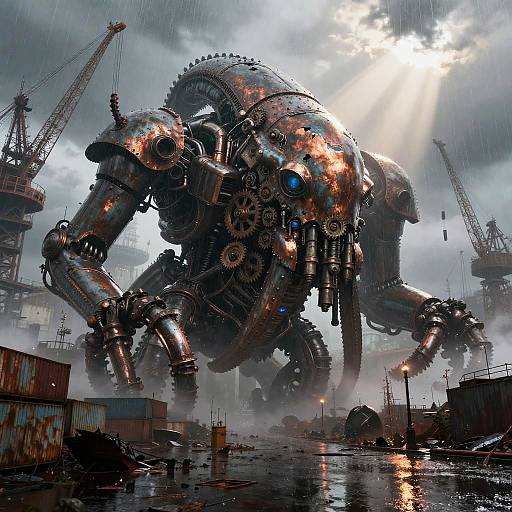 Majestic Rusted Mechanical Kraken Over Shipyard