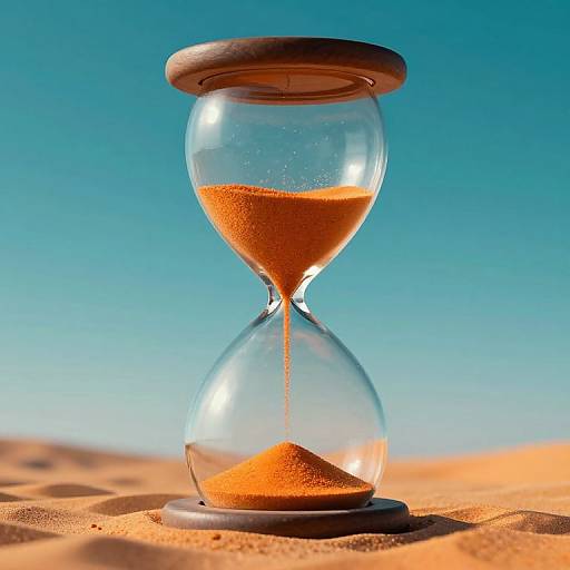 Photograph of a glass hourglass with orange sand, set on a sandy desert with a clear blue sky background.