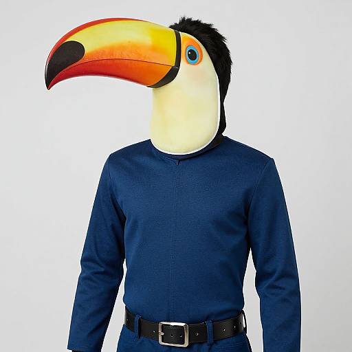 Photograph of a person wearing a blue shirt and black belt, with a toucan head featuring a large orange and yellow beak, against a white