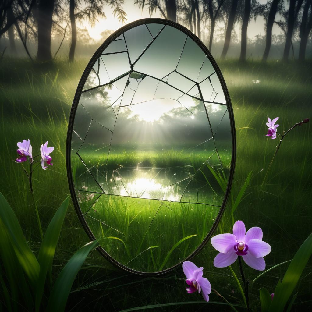 Cracked Mirror Amidst Orchid Meadow