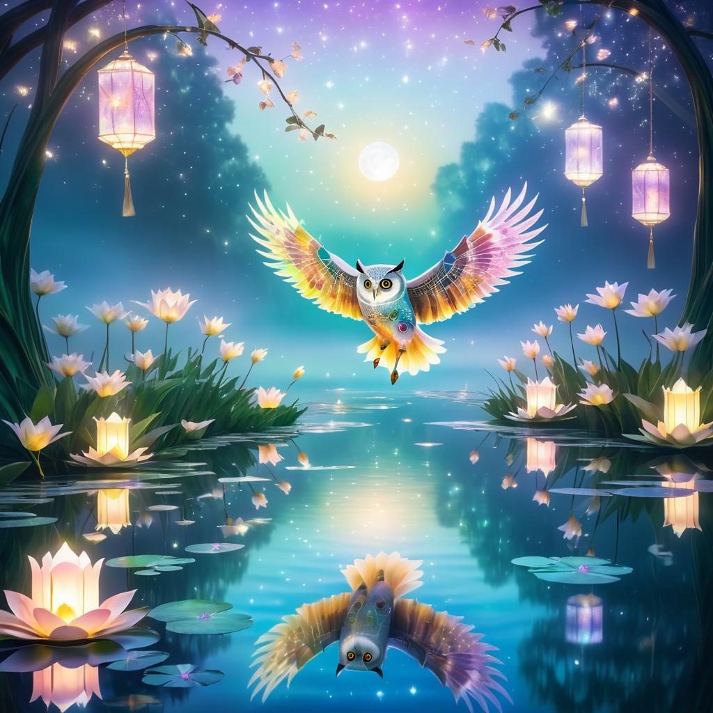 Magical Owl Over Iridescent Lake