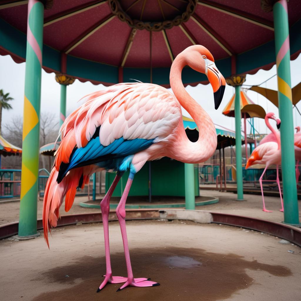 Surreal Flamingo-Bull Fusion in Amusement Park