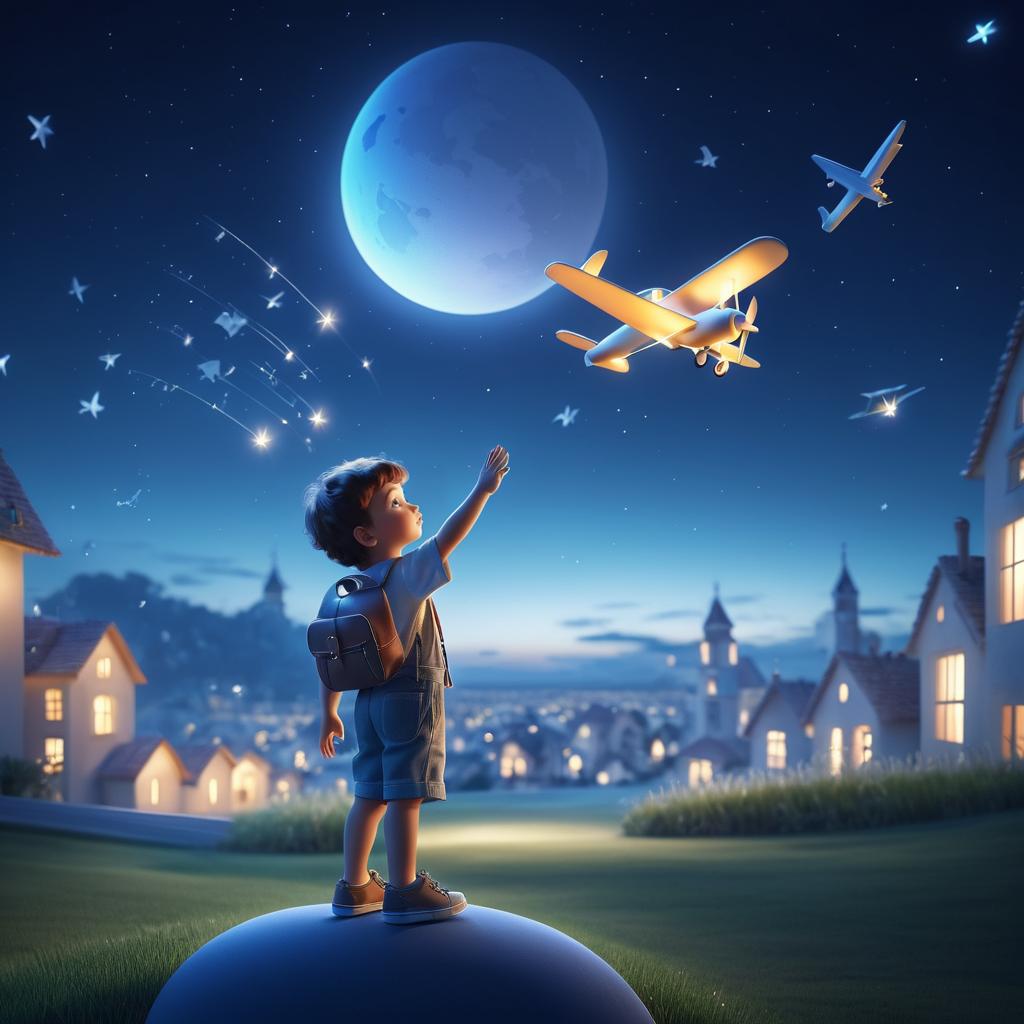 Dreamy Nighttime Scene with Boy and Airplane