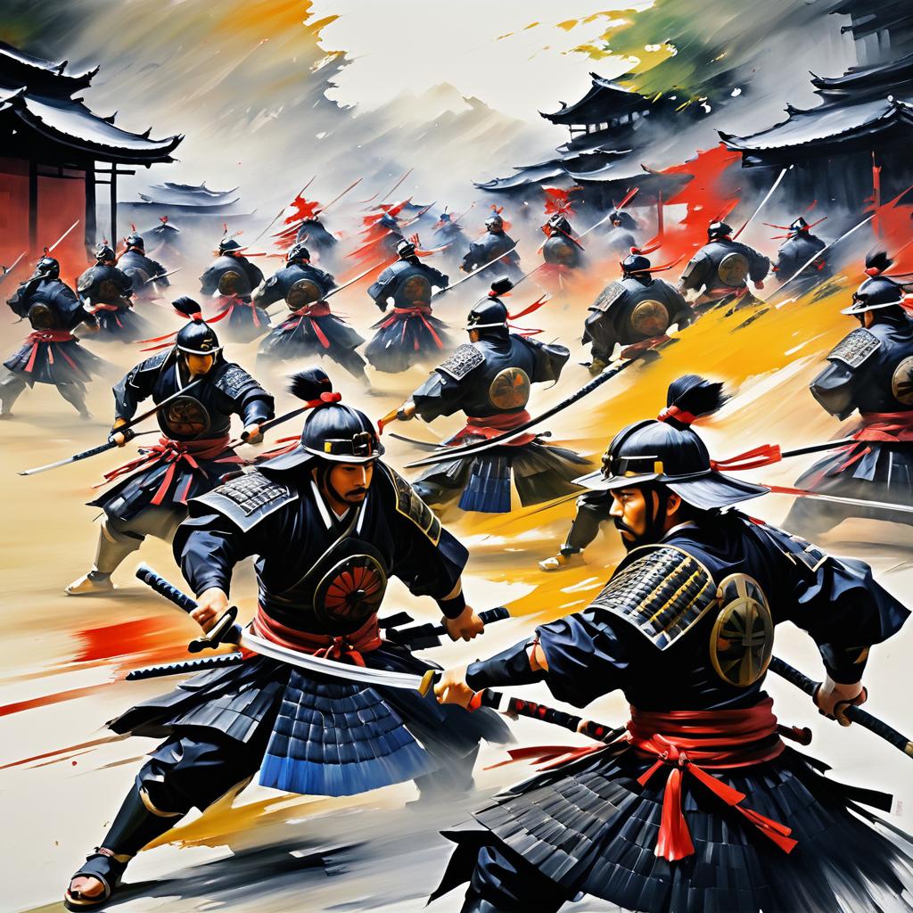 Energetic Samurai Warriors in Hokusai Style