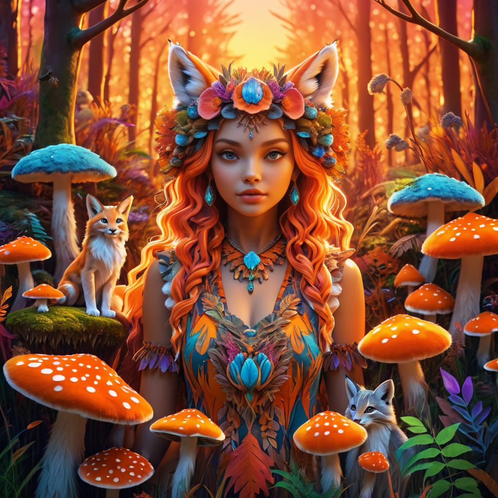 Whimsical Lynx Girl Among Fungi