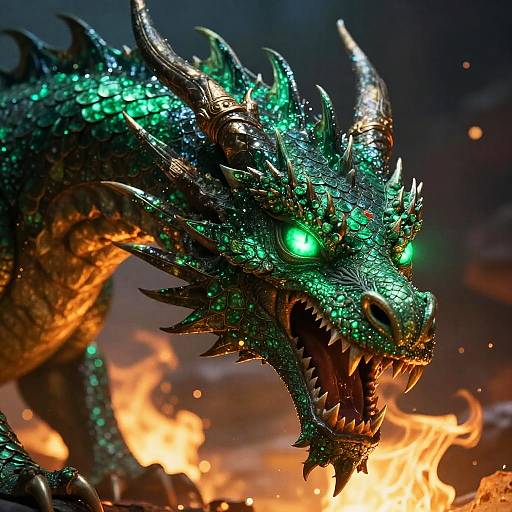 Digital art of a fierce, green-scaled dragon with glowing eyes, sharp horns, and open mouth with sharp teeth, roaring amid bright flames. Dark