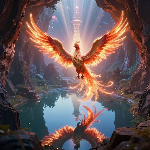 Digital fantasy artwork of a radiant, fiery phoenix with outstretched wings soaring over a reflective cave pool, surrounded by mystical mountains and glowing light beams.