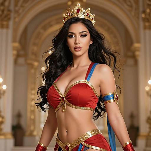 Digital illustration of an Asian woman with long black hair, wearing a red and gold bikini-style outfit, blue sash, and gold crown, standing in