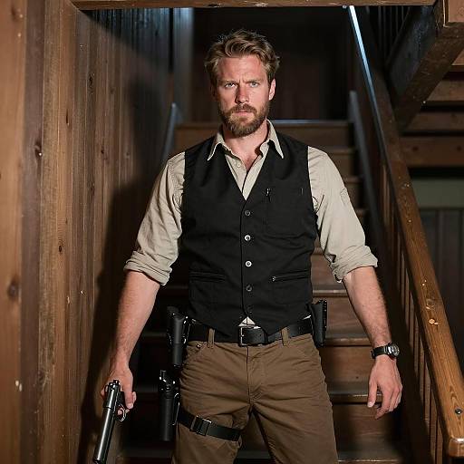 Man Holding Gun in Wooden Stairwell