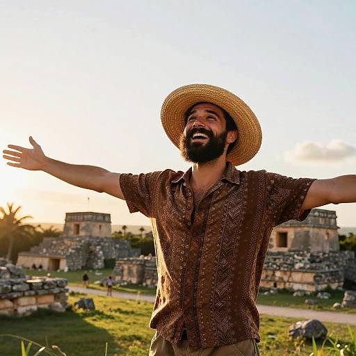 Joyful Traveler in Straw Hat Ruins