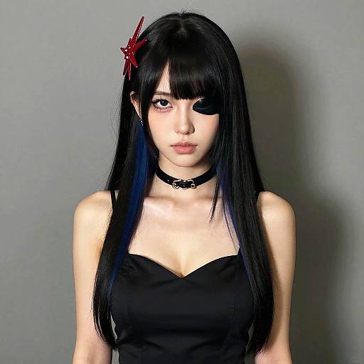 Photograph of a pale-skinned woman with long black hair, eye patch, red hair clip, black strapless top, and choker against a
