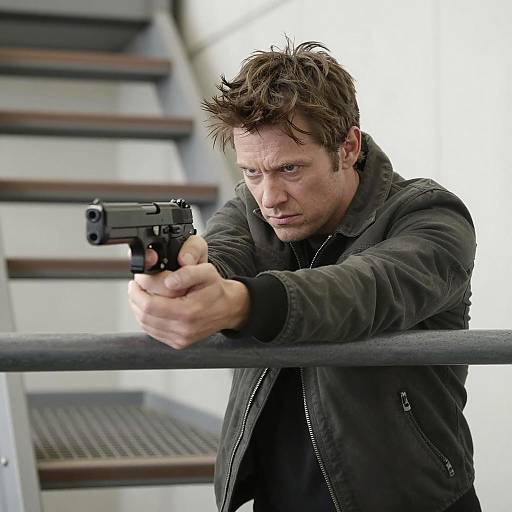 Man Aiming Handgun Indoors