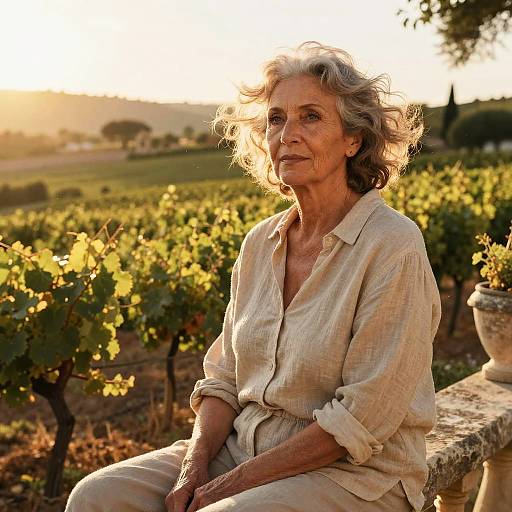 Photograph of an elderly woman with wavy gray hair, wearing a beige button-down shirt, sitting on a stone bench in a sunlit vineyard