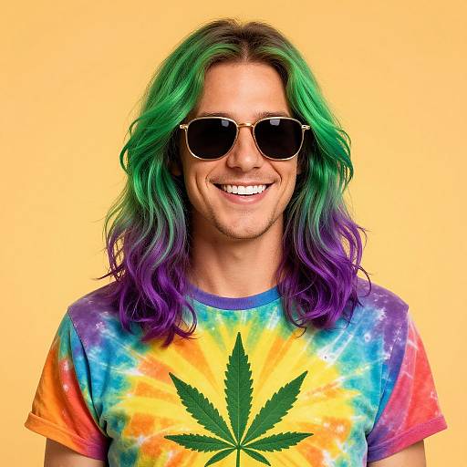 Photograph of a smiling man with green and purple wavy hair, wearing black sunglasses and a tie-dye shirt with a green marijuana leaf, against