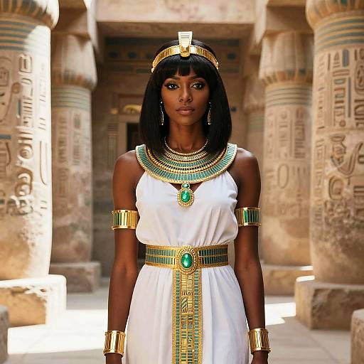Photograph of a dark-skinned woman in an ancient Egyptian-style white dress with gold and green jewelry, standing in a sunlit temple with carved stone