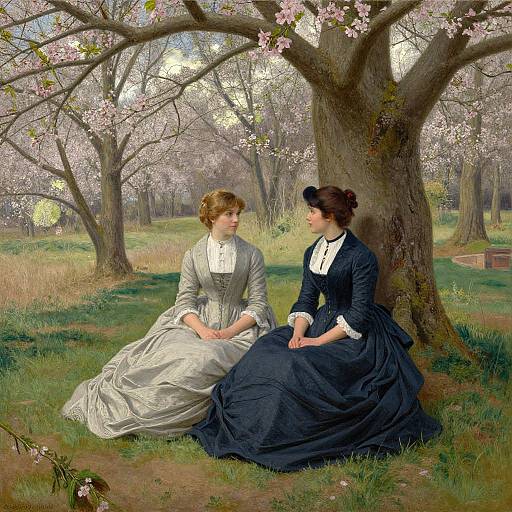 Victorian-era painting of two women in elaborate dresses, seated under a blooming cherry blossom tree in a sunlit park.