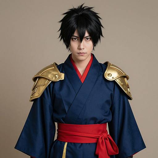 Photograph of a young man with spiky black hair, wearing a dark blue kimono with gold shoulder armor and red sash, against a plain