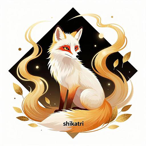 Illustration of White Fox with Golden Swirls