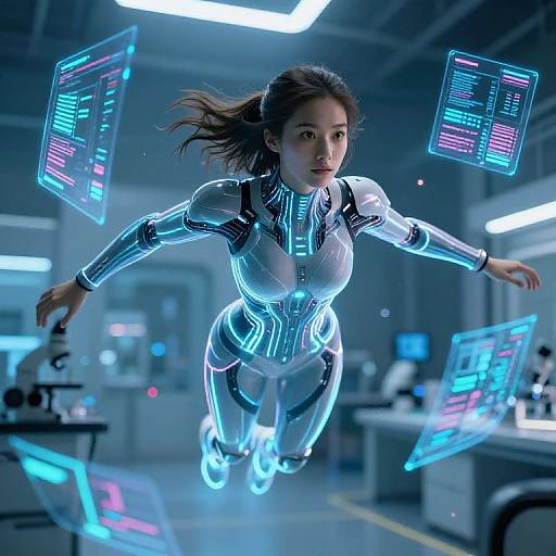 Futuristic Girl in Zero Gravity Lab