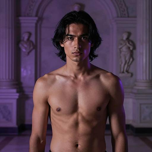 Shirtless Man Standing in Dimly Lit Room with Purple Lighting