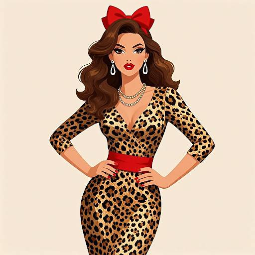 Digital illustration of a confident woman with wavy brown hair, red bow, leopard print dress, red belt, pearl necklace, and dangling earrings.