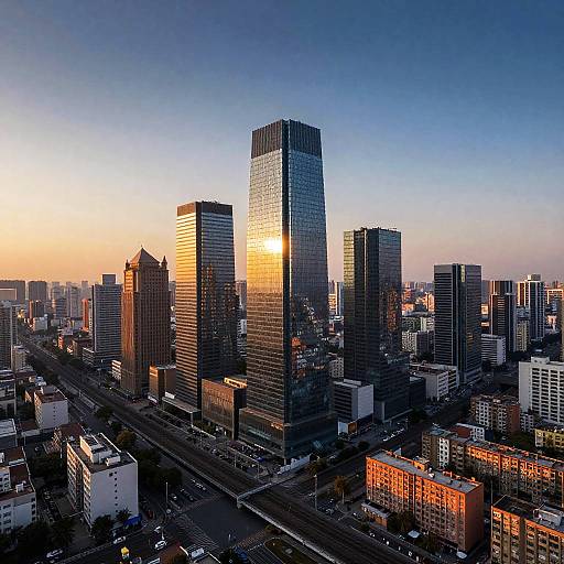 Aerial photograph of a bustling city skyline at sunset, featuring tall, reflective skyscrapers bathed in golden sunlight, surrounded by smaller buildings and urban