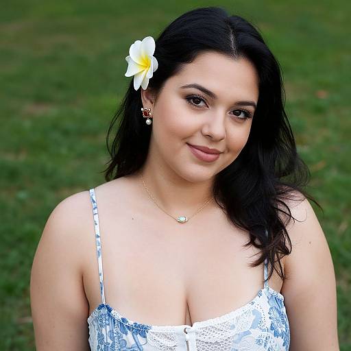 Photograph of a smiling Latina woman with dark hair, white flower in hair, wearing a white lace strap dress, green grass background.