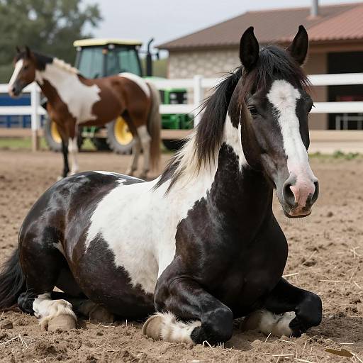 Piebald Horse Lying on Dirt Ground