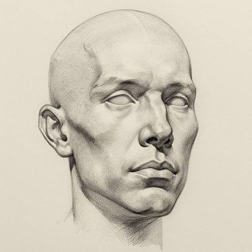Black and white pencil drawing of a bald, serious male head with detailed shading, highlighting facial contours and expression.