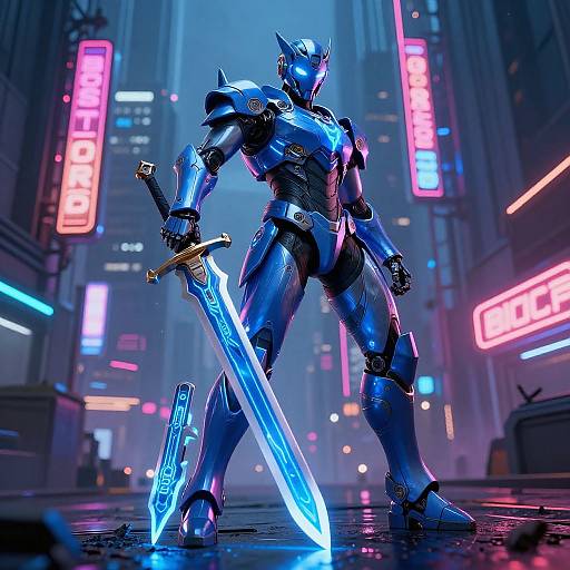 Cybernetic warrior in blue armor stands with glowing sword in neon-lit, futuristic city street, vivid lights, sci-fi style, digital art