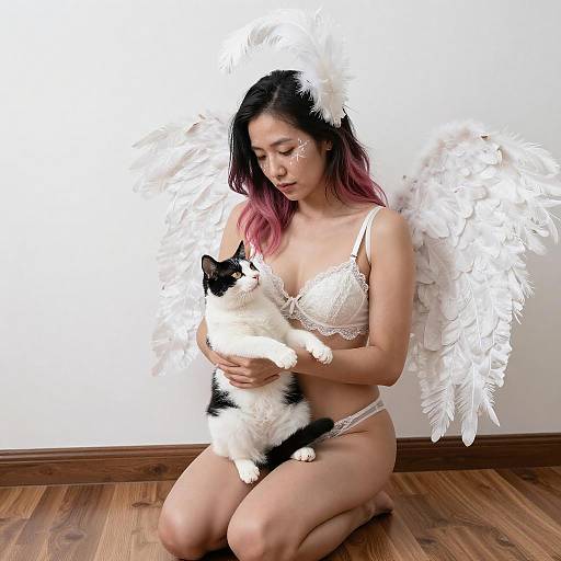 Asian Woman with Feathered Headpiece and Cat